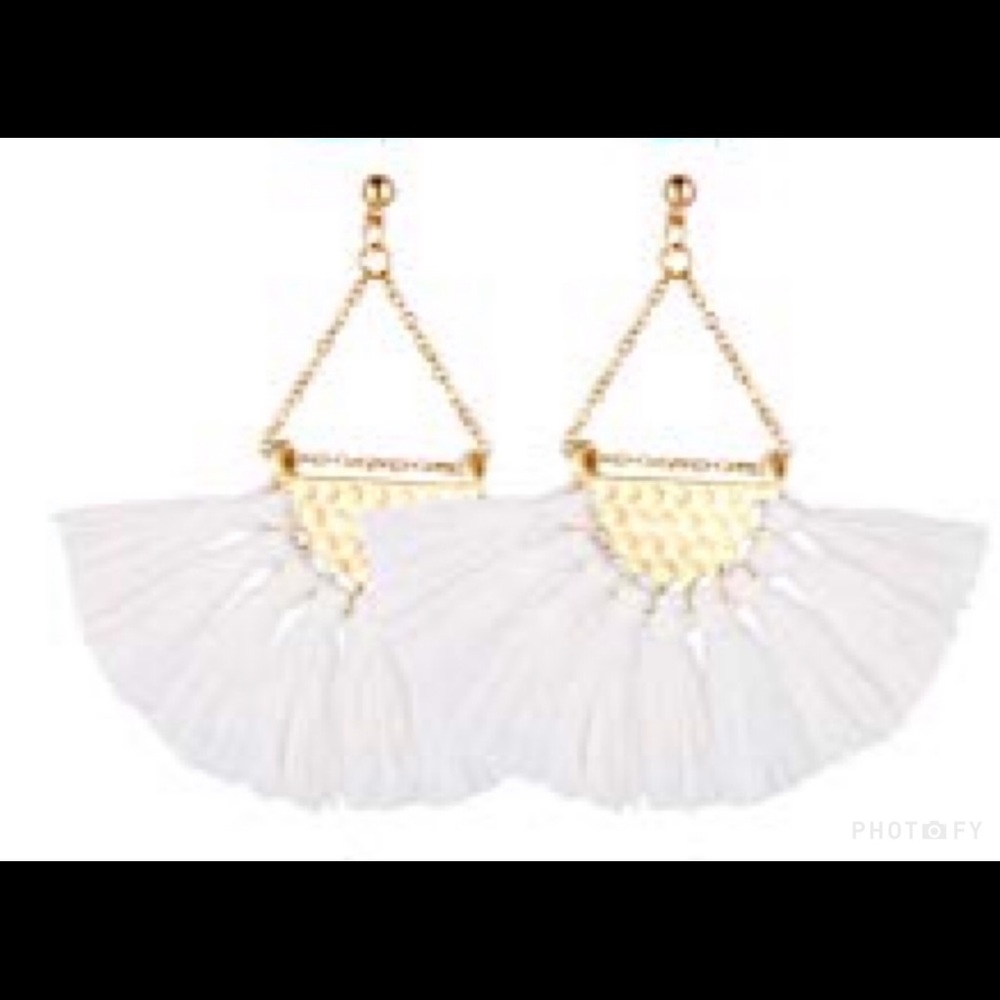 White and gold tassel fringe earrings